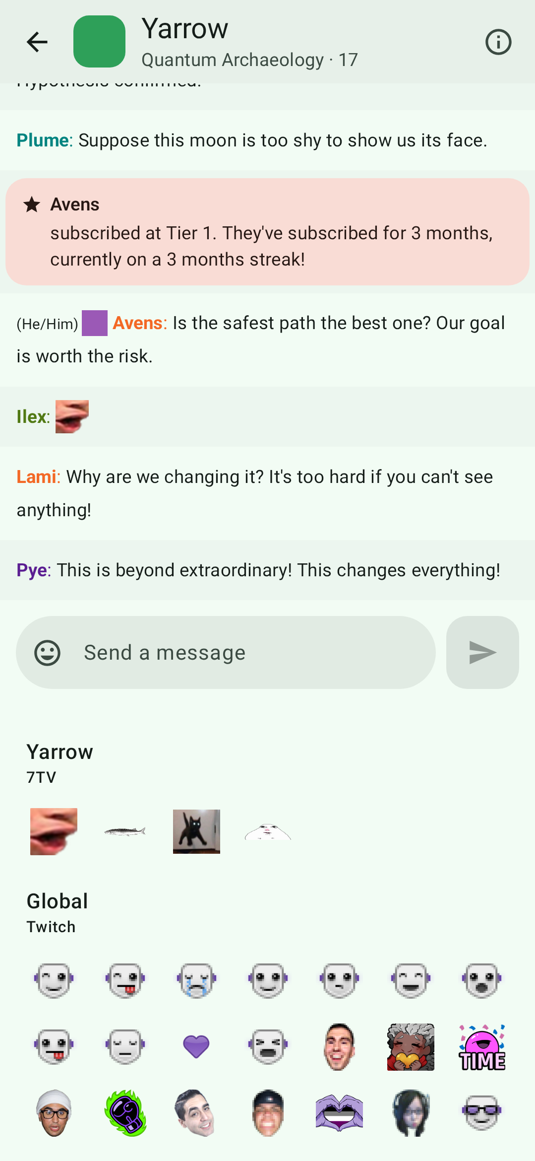 The emote picker, with the channel's 7TV emotes.