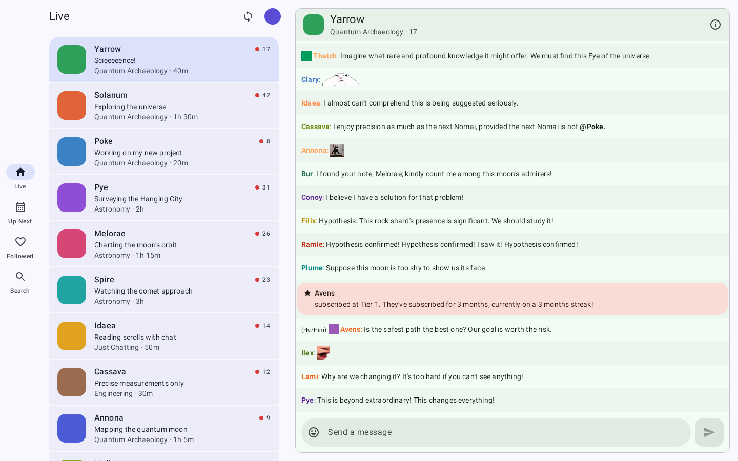 The list of live channels next to an open chat, in a desktop window.