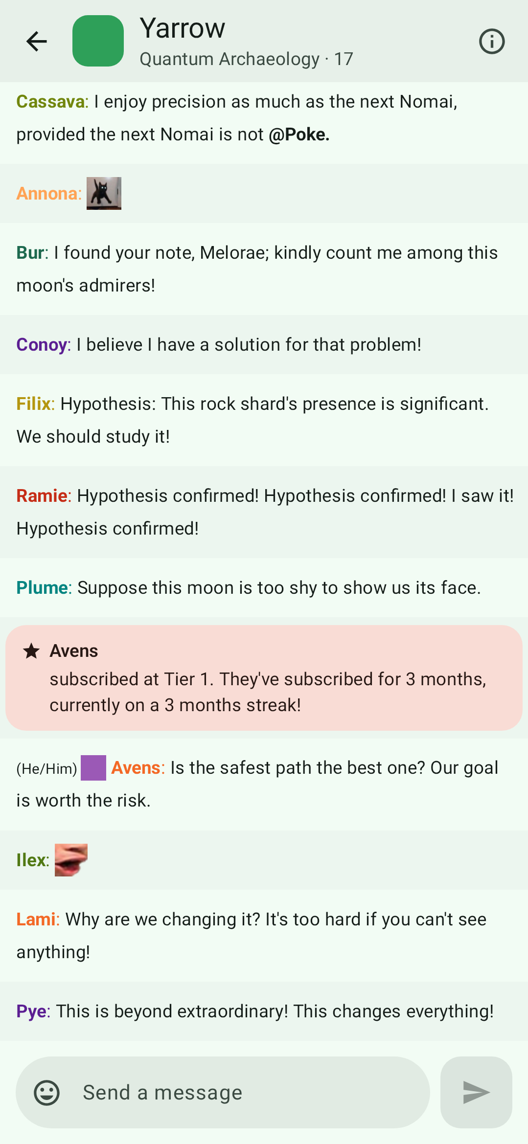 The chat of three channels, each themed with the colors of its streamer's avatar.