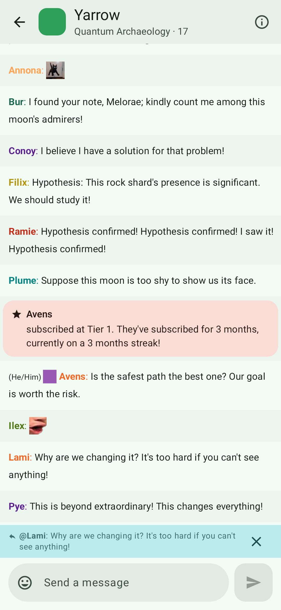 A Twitch chat in Just Chatting, themed with the colors of the channel.