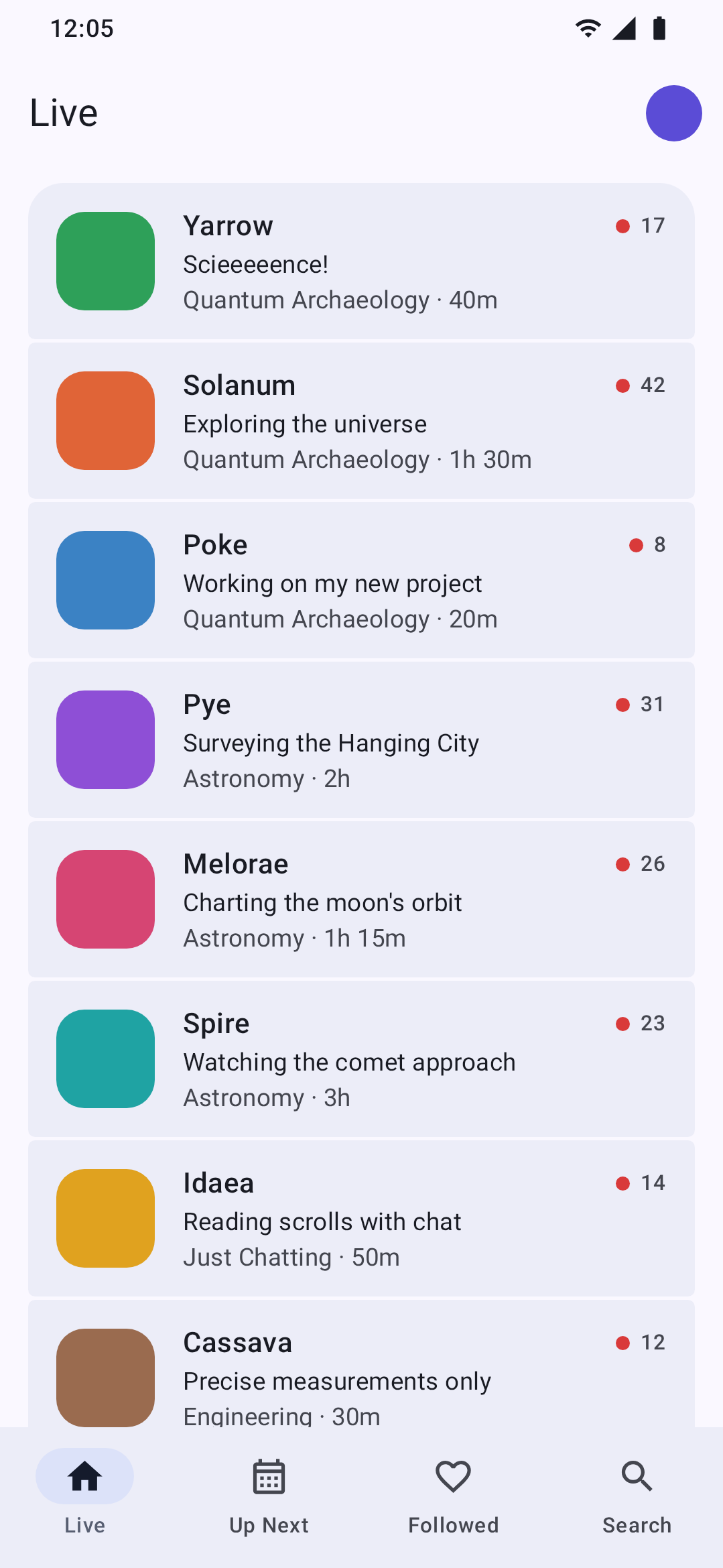 The list of live channels on a phone.