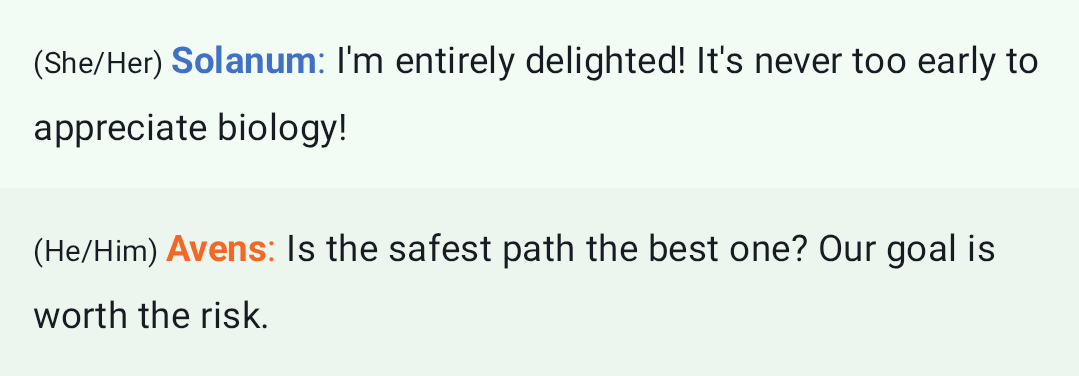 Chat messages showing each chatter's pronouns next to their name.