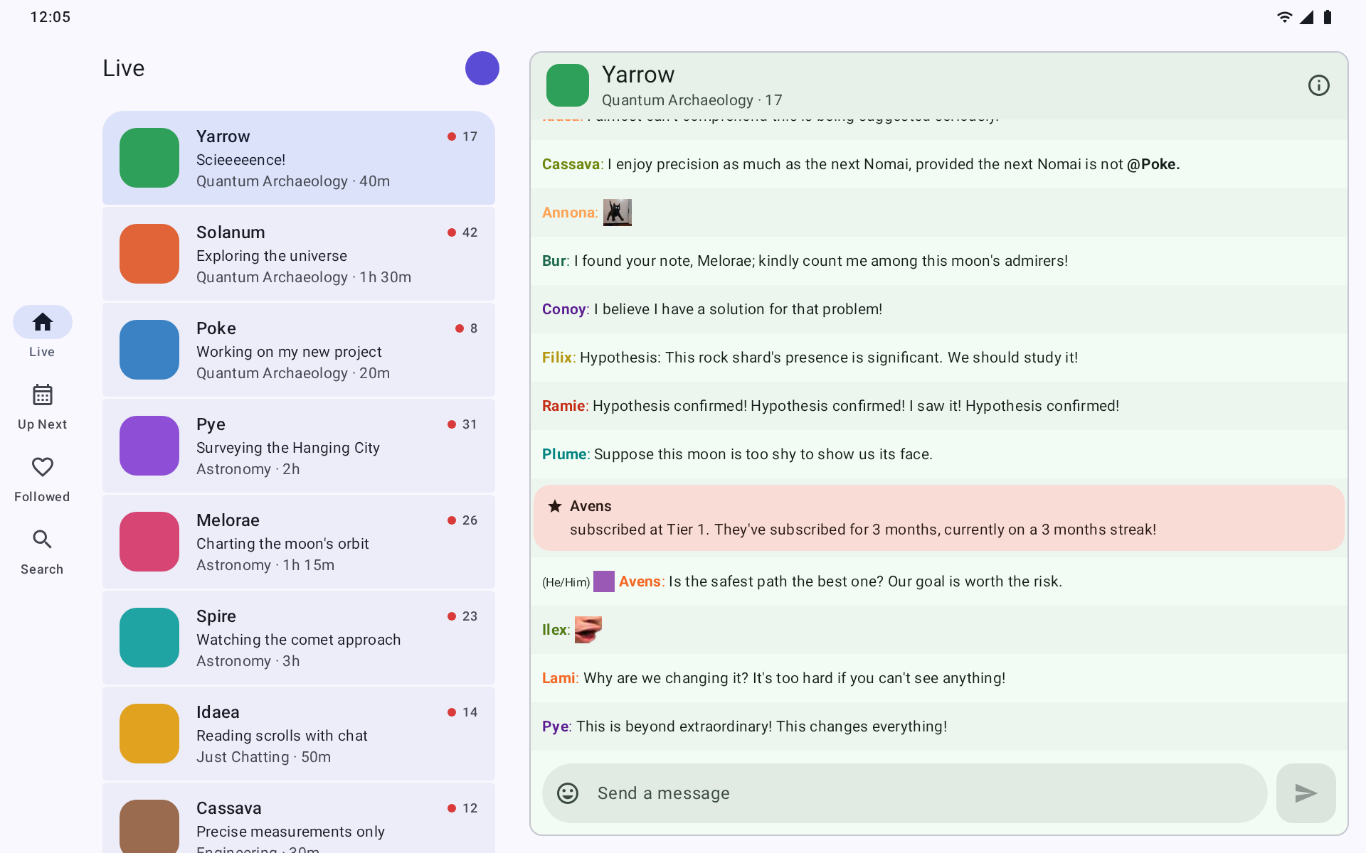 The list of live channels next to an open chat, on a tablet.